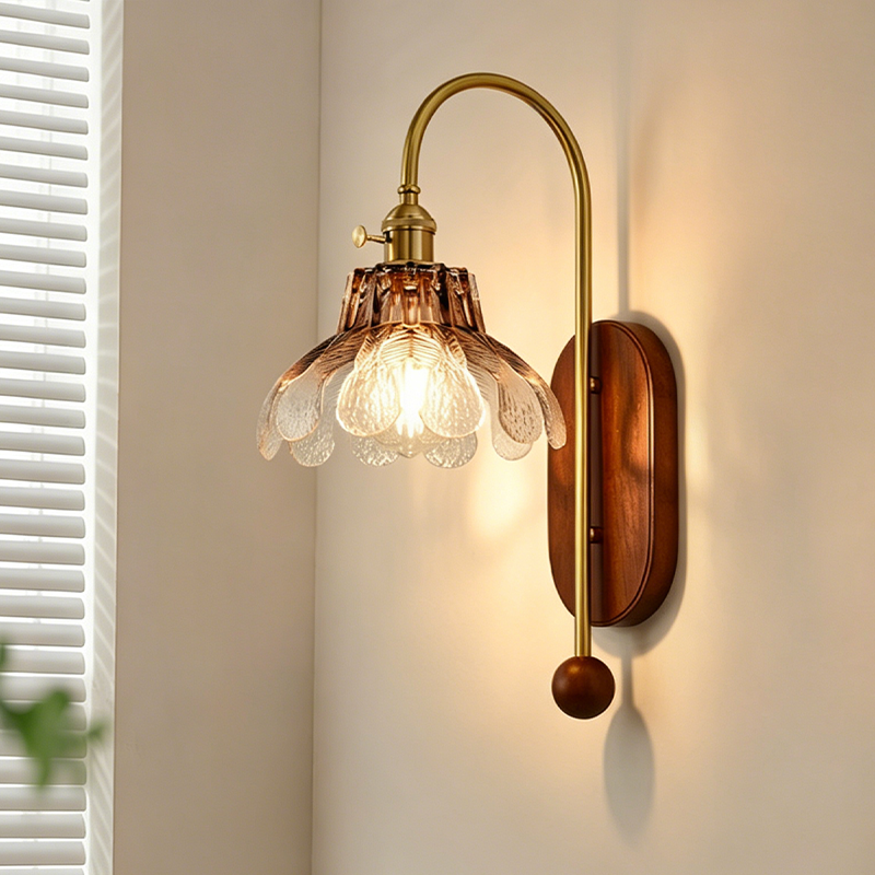 Traditional French Iron Solid Wood Glass Shade Flower 1-Light Wall Sconce Lamp For Bedroom