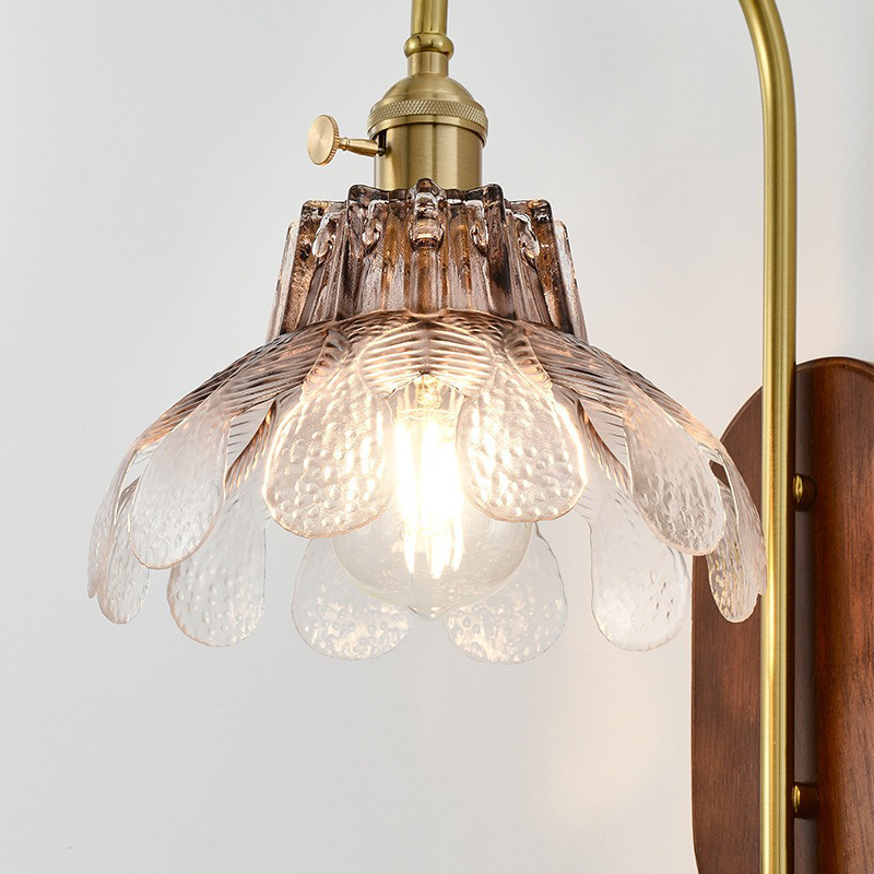 Traditional French Iron Solid Wood Glass Shade Flower 1-Light Wall Sconce Lamp For Bedroom
