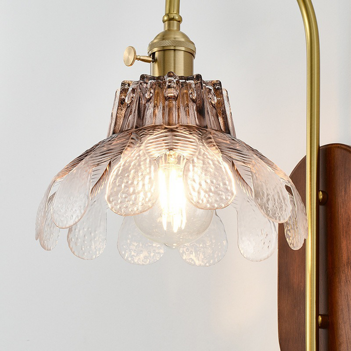 Traditional French Iron Solid Wood Glass Shade Flower 1-Light Wall Sconce Lamp For Bedroom