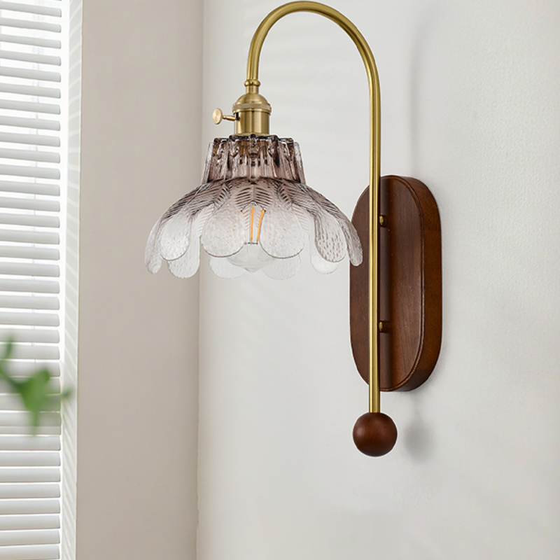 Traditional French Iron Solid Wood Glass Shade Flower 1-Light Wall Sconce Lamp For Bedroom