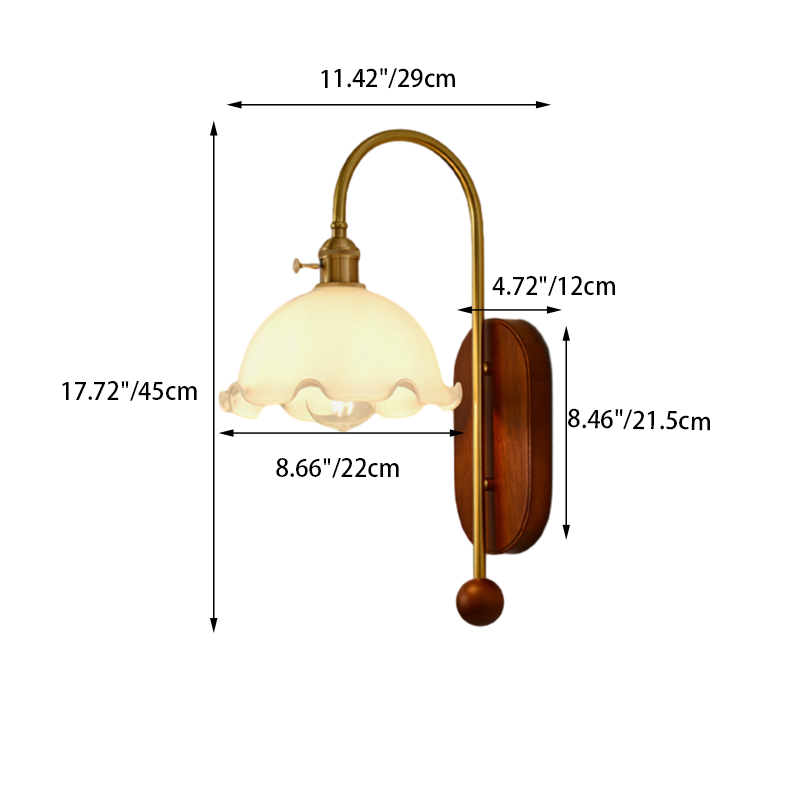 Traditional French Iron Solid Wood Glass Shade Flower 1-Light Wall Sconce Lamp For Bedroom