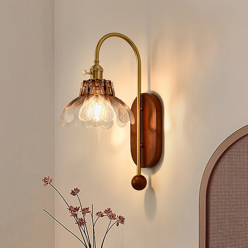Traditional French Iron Solid Wood Glass Shade Flower 1-Light Wall Sconce Lamp For Bedroom