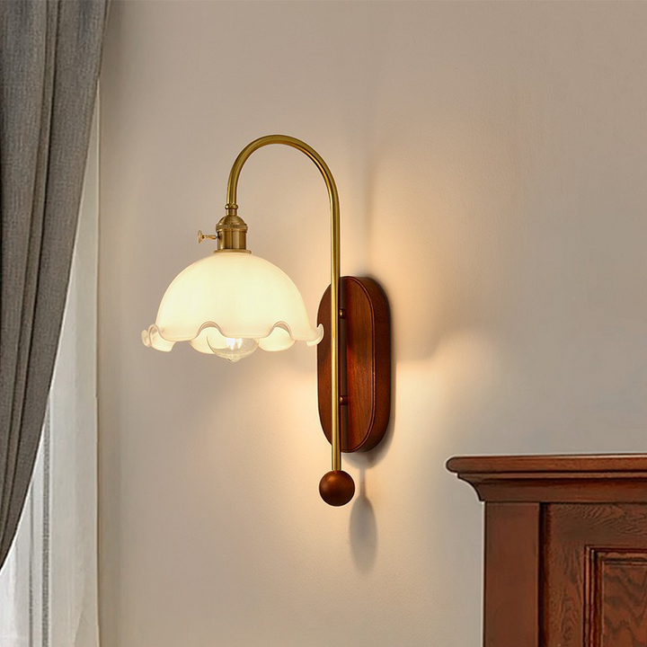 Traditional French Iron Solid Wood Glass Shade Flower 1-Light Wall Sconce Lamp For Bedroom