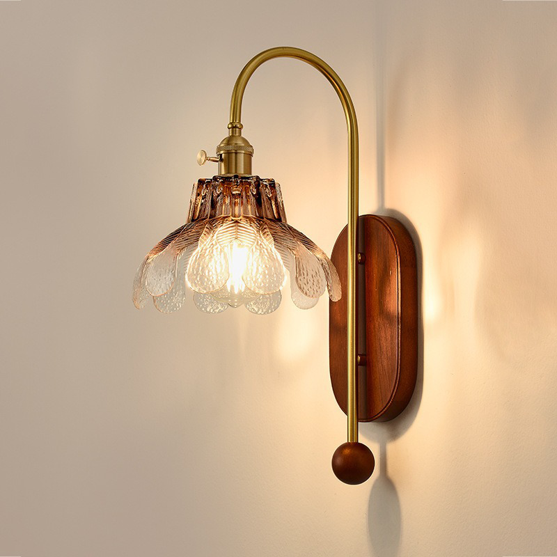 Traditional French Iron Solid Wood Glass Shade Flower 1-Light Wall Sconce Lamp For Bedroom