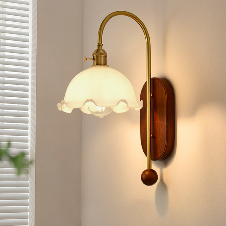 Traditional French Iron Solid Wood Glass Shade Flower 1-Light Wall Sconce Lamp For Bedroom