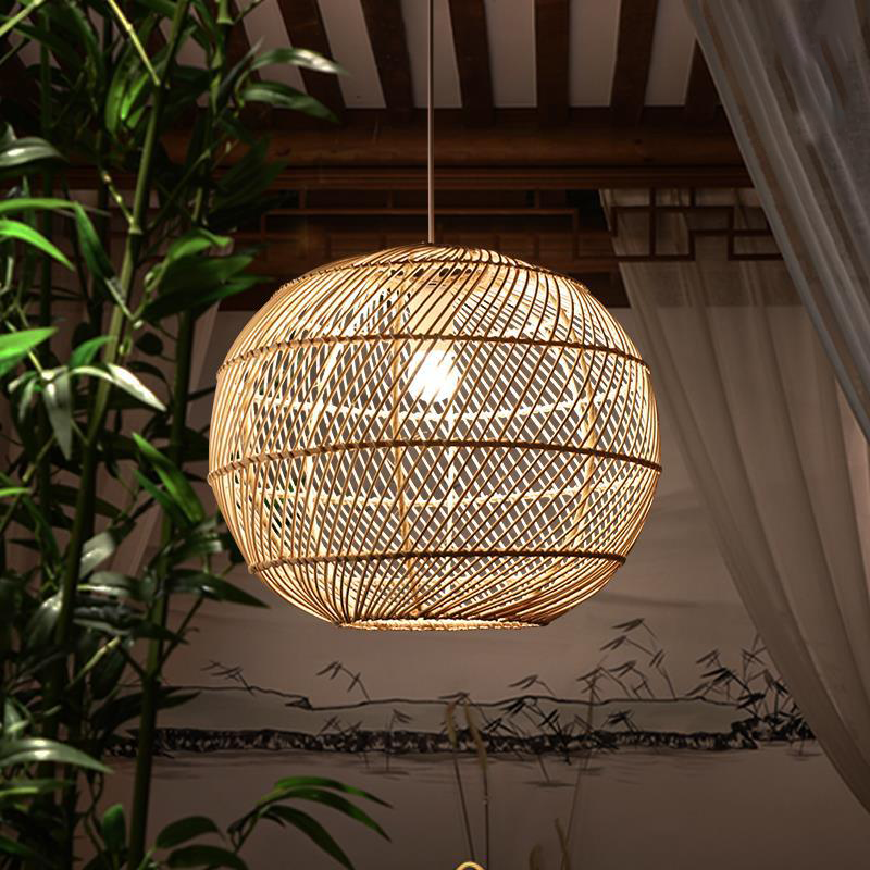 Traditional Japanese Hand-Woven Rattan Round 1-Light Pendant Light For Dining Room