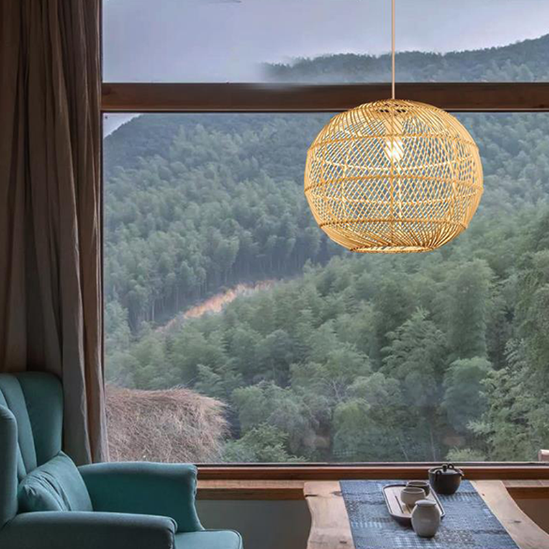 Traditional Japanese Hand-Woven Rattan Round 1-Light Pendant Light For Dining Room