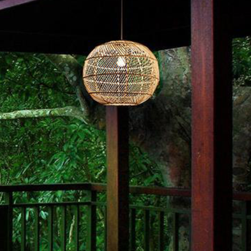 Traditional Japanese Hand-Woven Rattan Round 1-Light Pendant Light For Dining Room