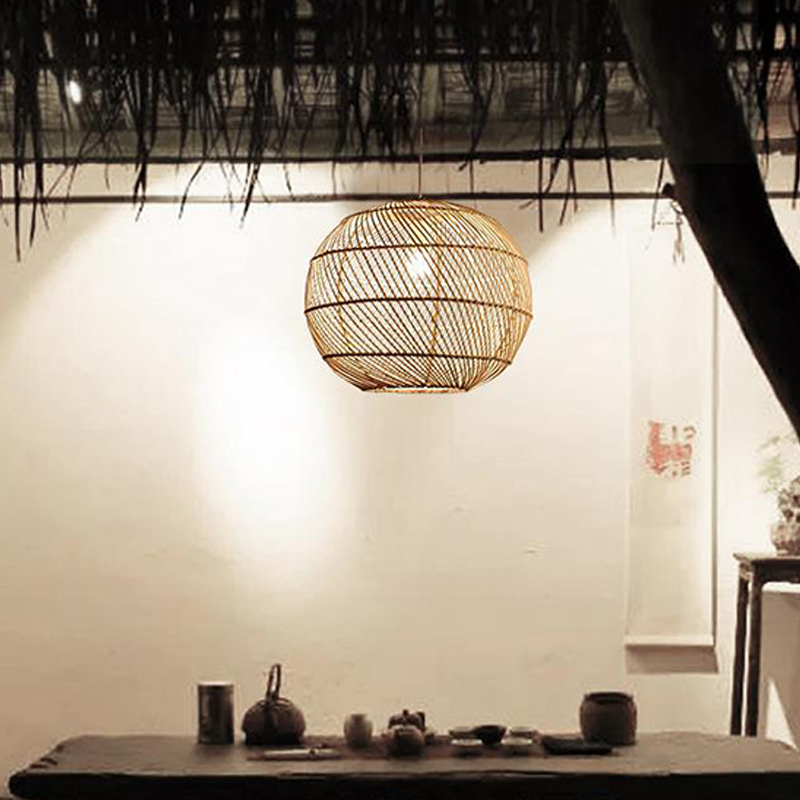 Traditional Japanese Hand-Woven Rattan Round 1-Light Pendant Light For Dining Room