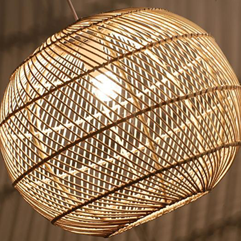 Traditional Japanese Hand-Woven Rattan Round 1-Light Pendant Light For Dining Room
