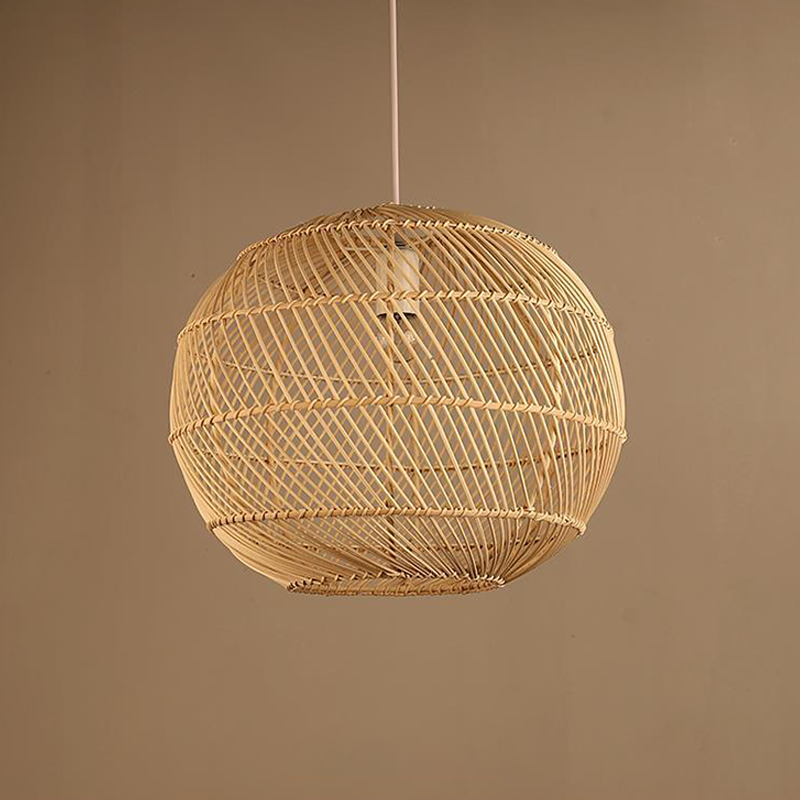 Traditional Japanese Hand-Woven Rattan Round 1-Light Pendant Light For Dining Room