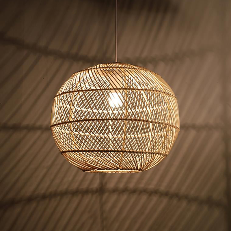 Traditional Japanese Hand-Woven Rattan Round 1-Light Pendant Light For Dining Room