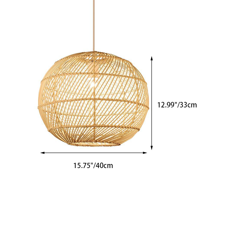 Traditional Japanese Hand-Woven Rattan Round 1-Light Pendant Light For Dining Room