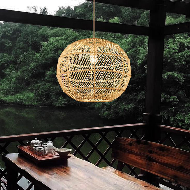 Traditional Japanese Hand-Woven Rattan Round 1-Light Pendant Light For Dining Room