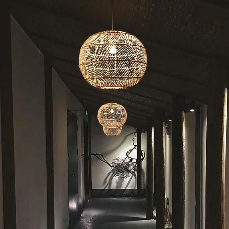 Traditional Japanese Hand-Woven Rattan Round 1-Light Pendant Light For Dining Room