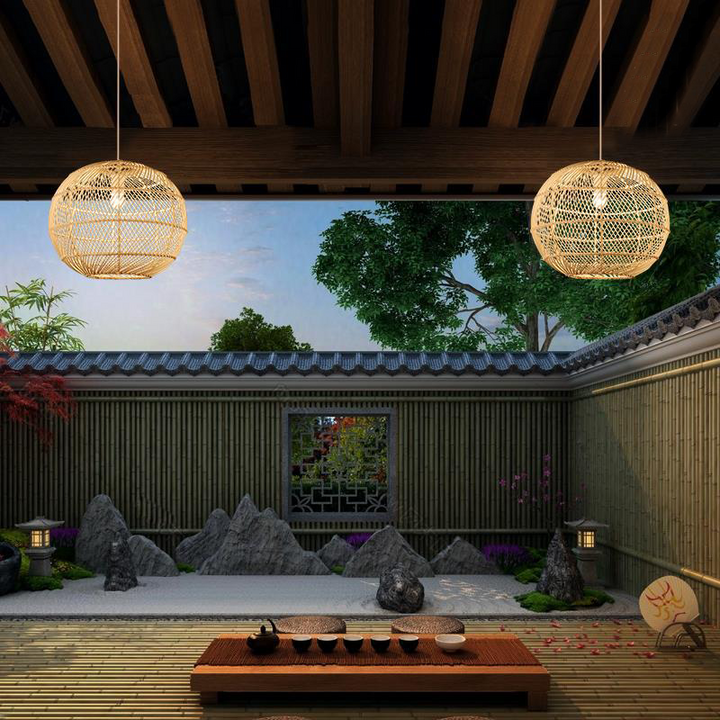 Traditional Japanese Hand-Woven Rattan Round 1-Light Pendant Light For Dining Room