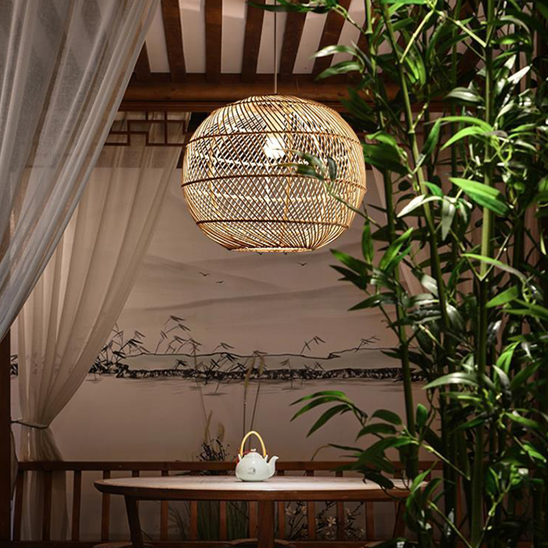 Traditional Japanese Hand-Woven Rattan Round 1-Light Pendant Light For Dining Room