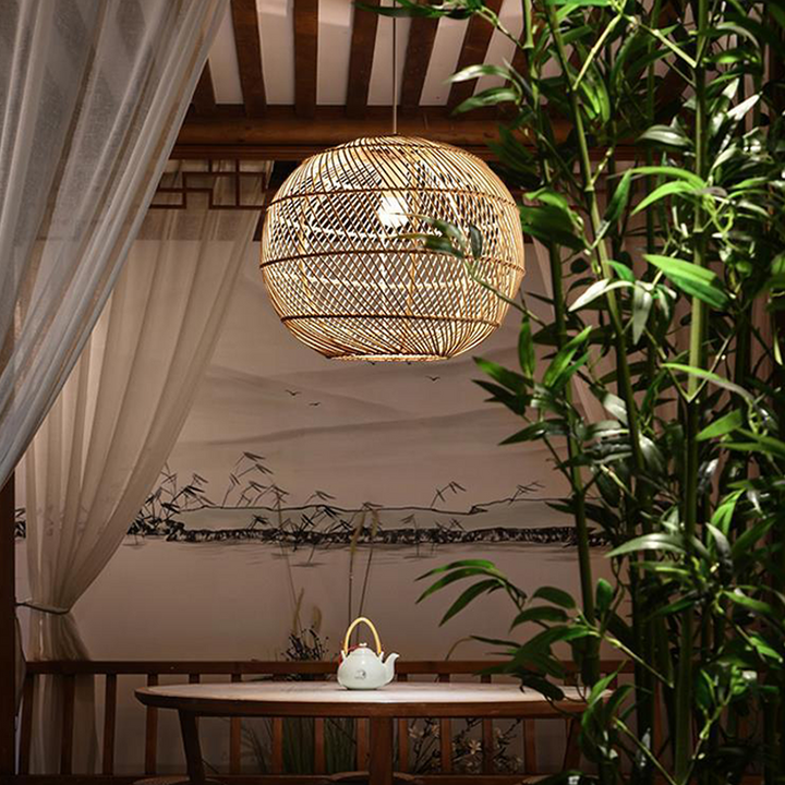 Traditional Japanese Hand-Woven Rattan Round 1-Light Pendant Light For Dining Room