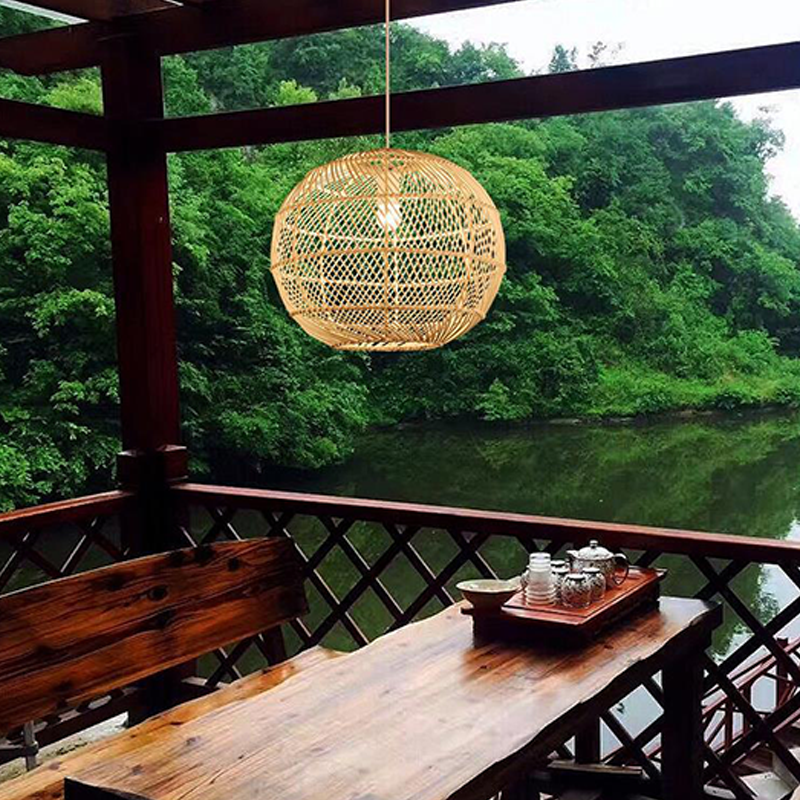 Traditional Japanese Hand-Woven Rattan Round 1-Light Pendant Light For Dining Room