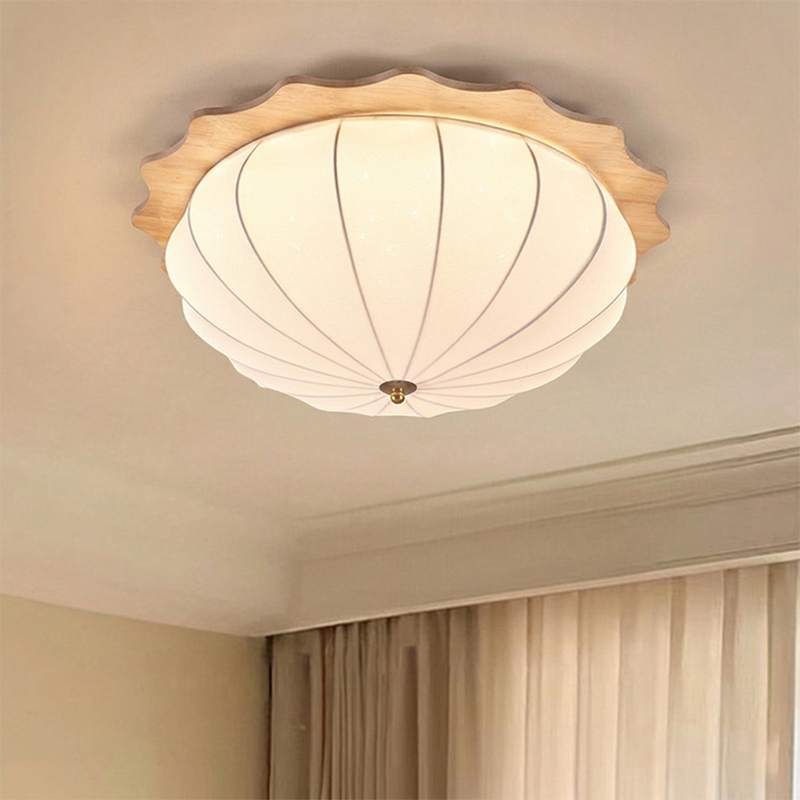 Modern Minimalist Oak Wood Fabric Round LED Flush Mount Ceiling Light For Living Room