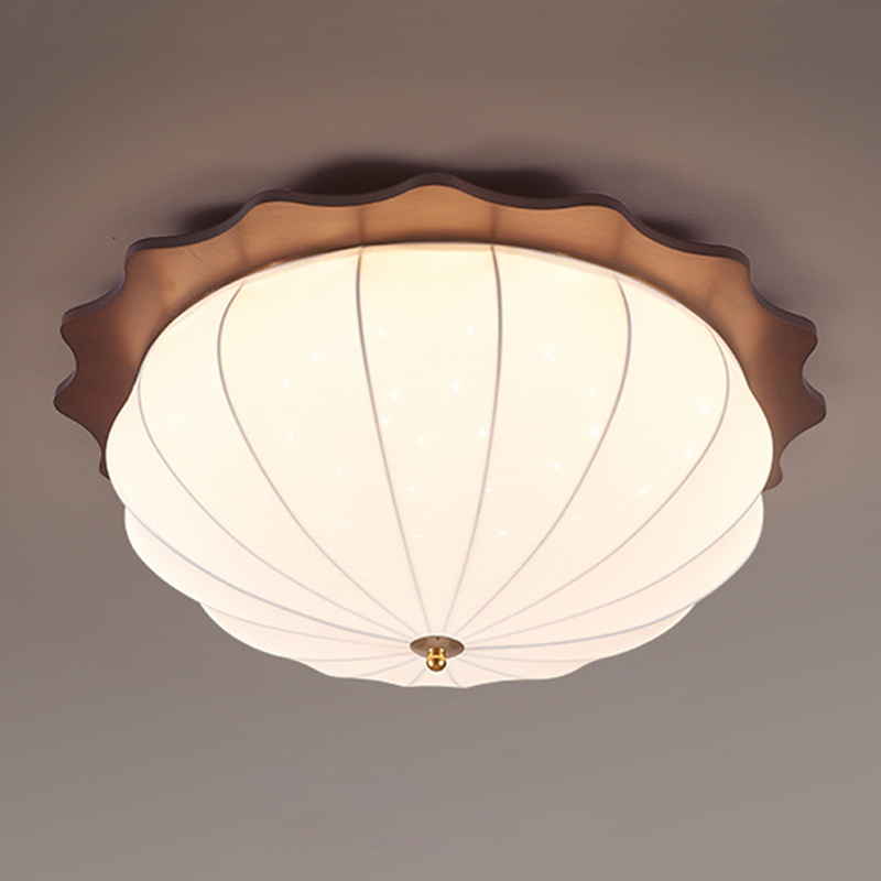 Modern Minimalist Oak Wood Fabric Round LED Flush Mount Ceiling Light For Living Room