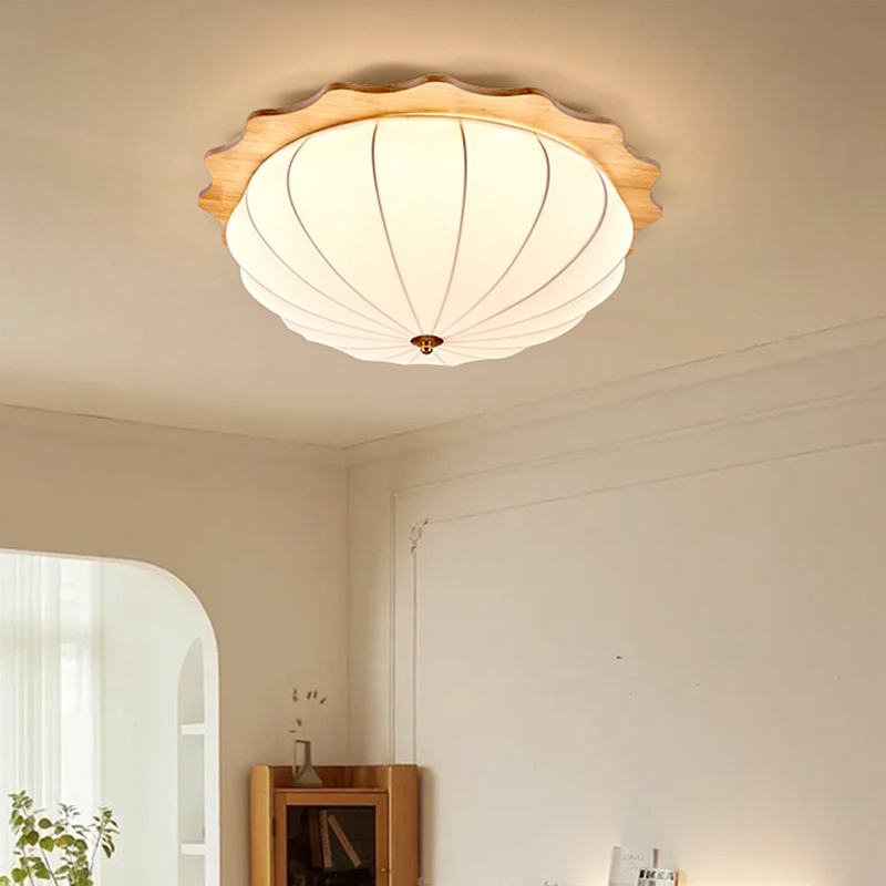 Modern Minimalist Oak Wood Fabric Round LED Flush Mount Ceiling Light For Living Room