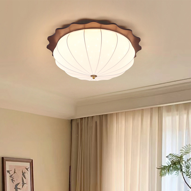 Modern Minimalist Oak Wood Fabric Round LED Flush Mount Ceiling Light For Living Room