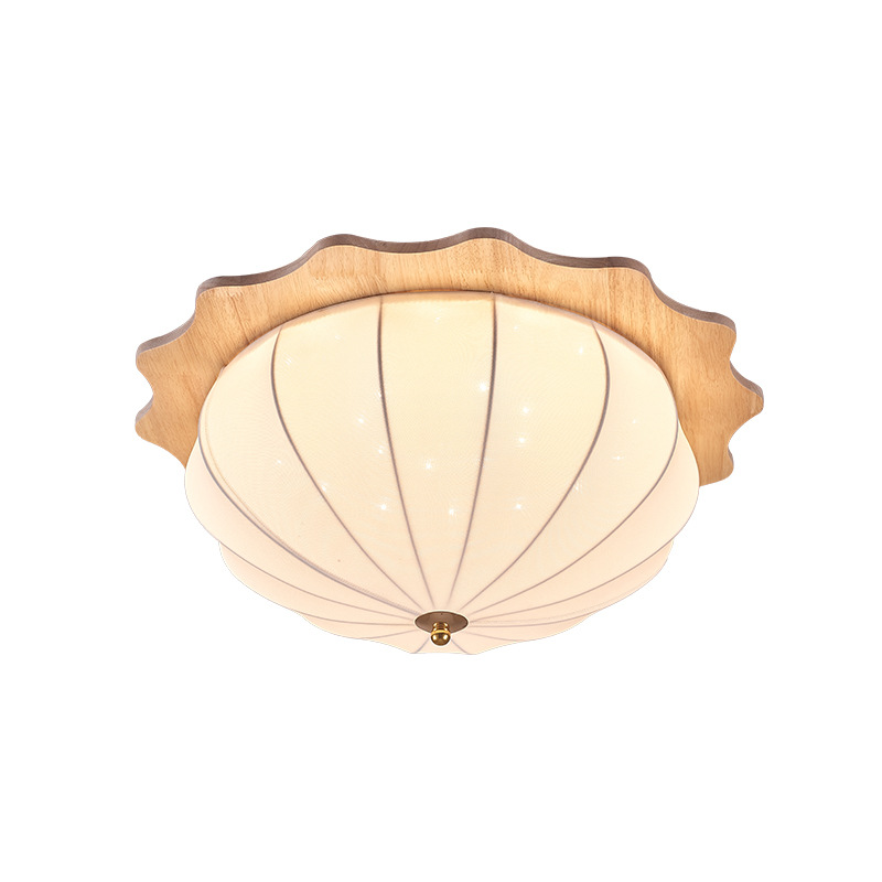 Modern Minimalist Oak Wood Fabric Round LED Flush Mount Ceiling Light For Living Room