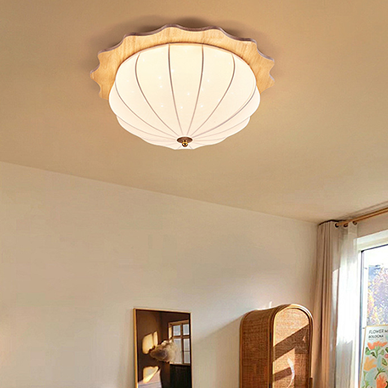 Modern Minimalist Oak Wood Fabric Round LED Flush Mount Ceiling Light For Living Room