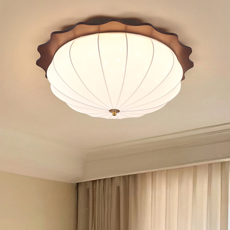 Modern Minimalist Oak Wood Fabric Round LED Flush Mount Ceiling Light For Living Room