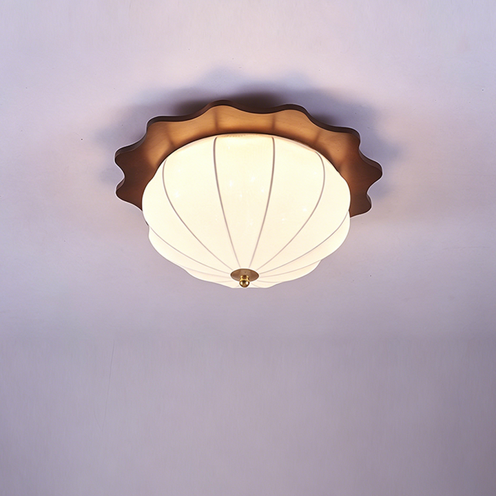 Modern Minimalist Oak Wood Fabric Round LED Flush Mount Ceiling Light For Living Room
