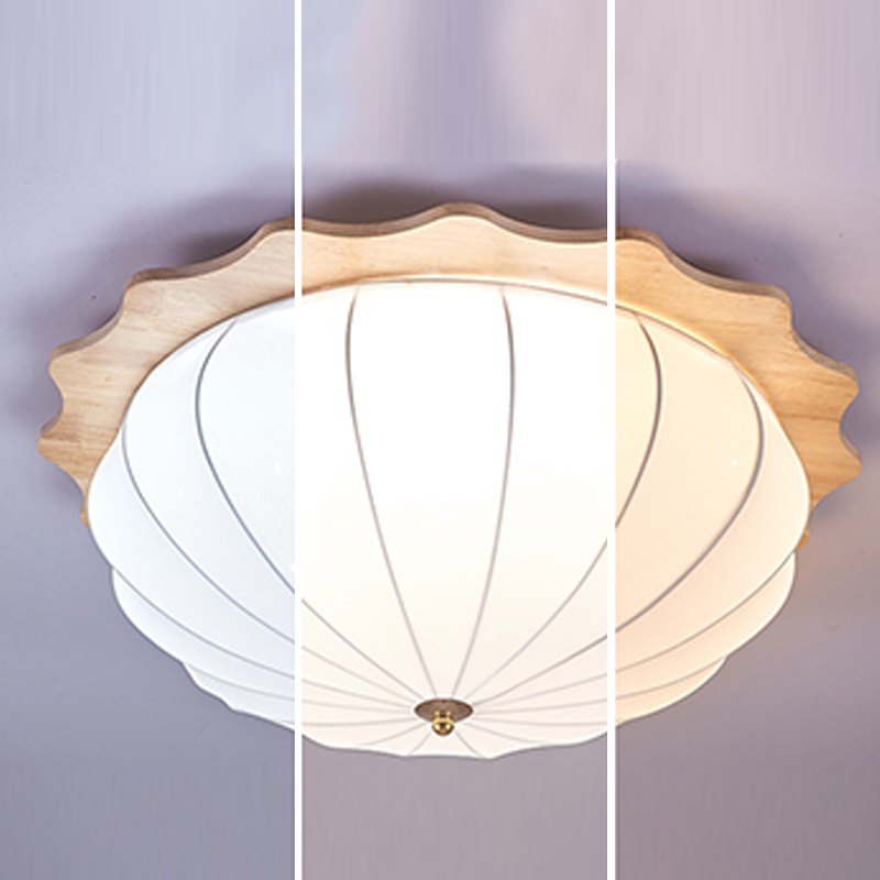 Modern Minimalist Oak Wood Fabric Round LED Flush Mount Ceiling Light For Living Room