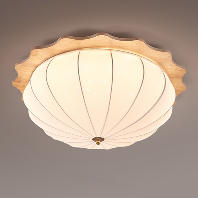 Modern Minimalist Oak Wood Fabric Round LED Flush Mount Ceiling Light For Living Room