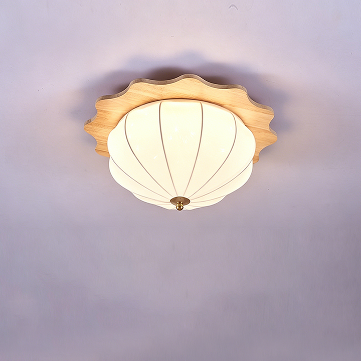 Modern Minimalist Oak Wood Fabric Round LED Flush Mount Ceiling Light For Living Room