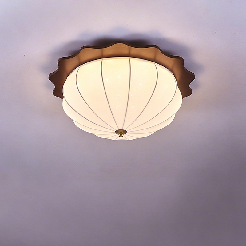Modern Minimalist Oak Wood Fabric Round LED Flush Mount Ceiling Light For Living Room