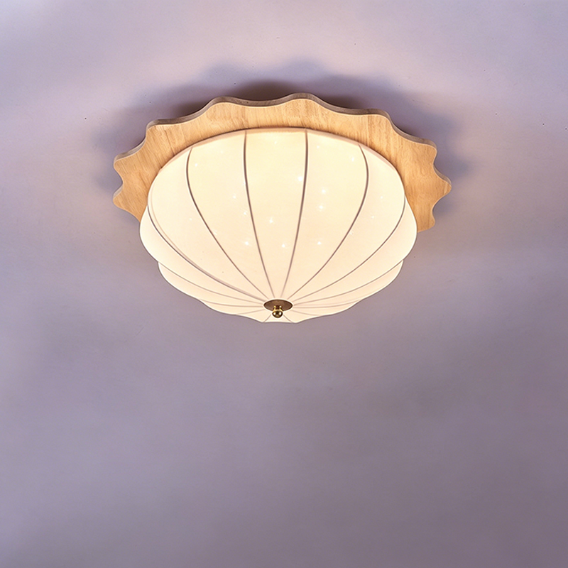 Modern Minimalist Oak Wood Fabric Round LED Flush Mount Ceiling Light For Living Room