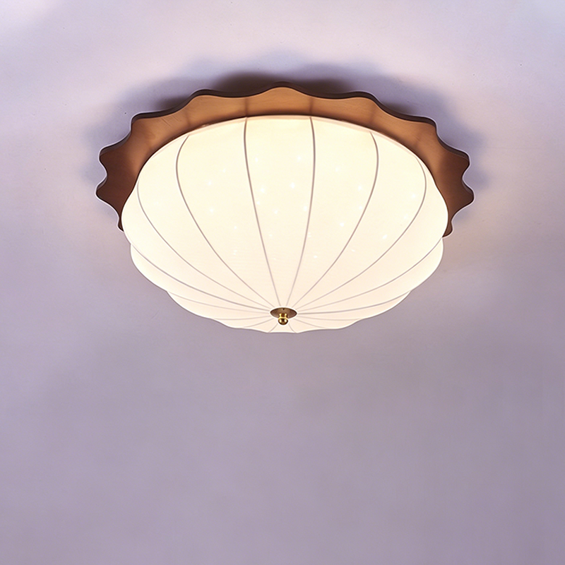 Modern Minimalist Oak Wood Fabric Round LED Flush Mount Ceiling Light For Living Room