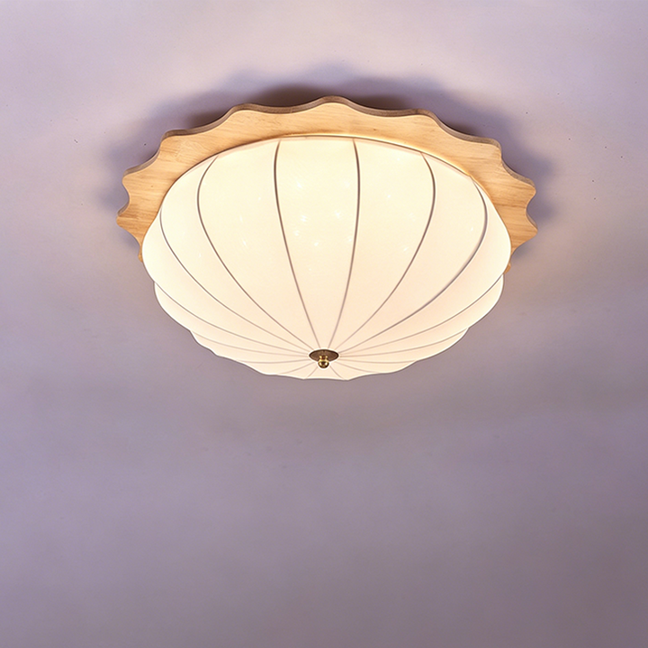 Modern Minimalist Oak Wood Fabric Round LED Flush Mount Ceiling Light For Living Room
