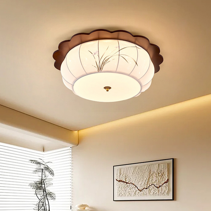 Traditional Chinese Floral Print Oak Wood Fabric Round LED Flush Mount Ceiling Light For Living Room