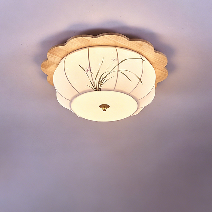 Traditional Chinese Floral Print Oak Wood Fabric Round LED Flush Mount Ceiling Light For Living Room
