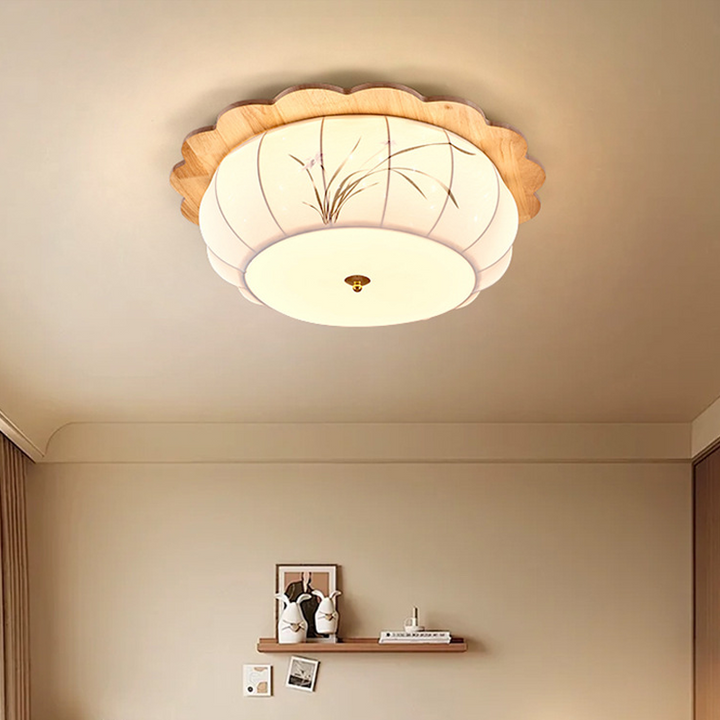 Traditional Chinese Floral Print Oak Wood Fabric Round LED Flush Mount Ceiling Light For Living Room