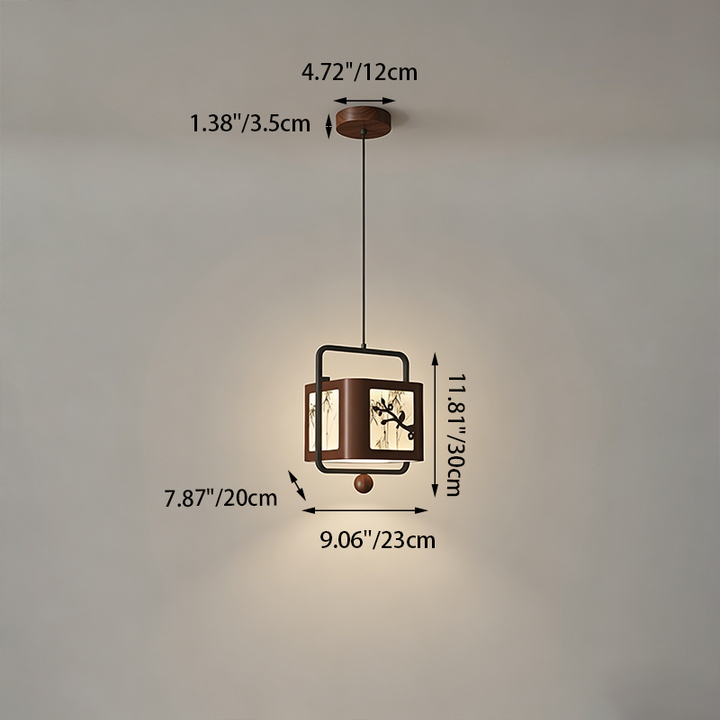 Traditional Chinese Iron Rubberwood Fabric Square LED Pendant Light For Living Room &amp; Dining Room