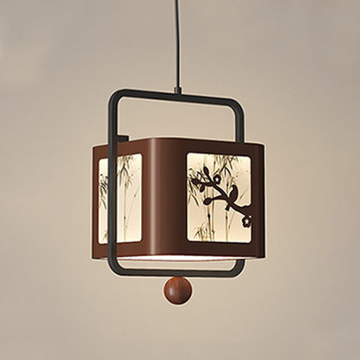 Traditional Chinese Iron Rubberwood Fabric Square LED Pendant Light For Living Room &amp; Dining Room