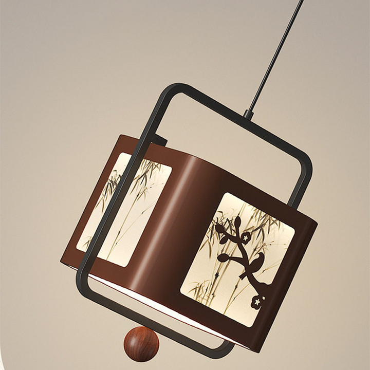 Traditional Chinese Iron Rubberwood Fabric Square LED Pendant Light For Living Room &amp; Dining Room