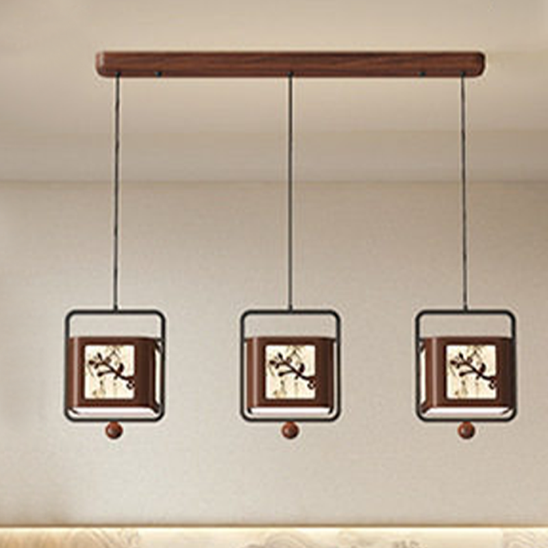 Traditional Chinese Iron Rubberwood Fabric Square LED Pendant Light For Living Room &amp; Dining Room