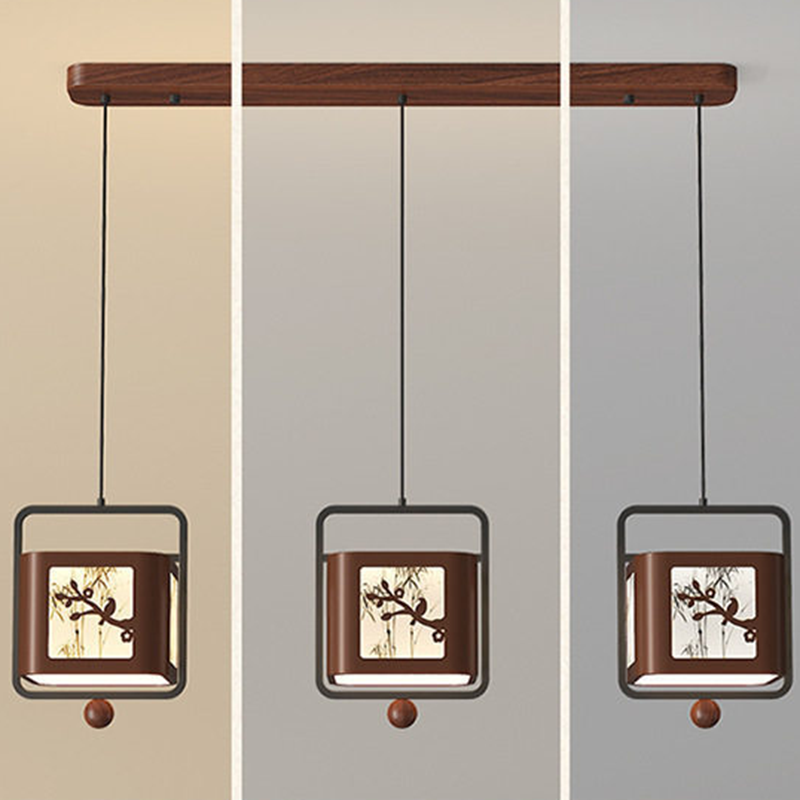 Traditional Chinese Iron Rubberwood Fabric Square LED Pendant Light For Living Room &amp; Dining Room