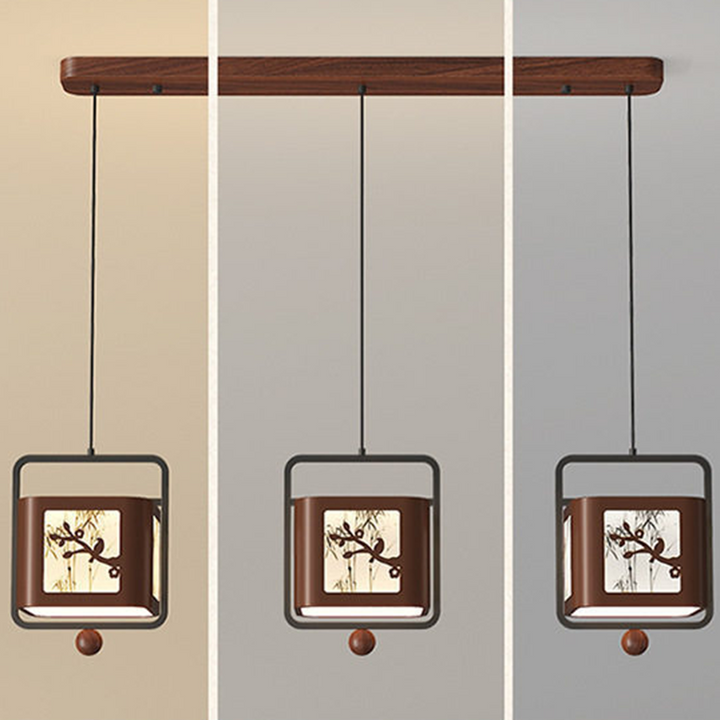 Traditional Chinese Iron Rubberwood Fabric Square LED Pendant Light For Living Room &amp; Dining Room