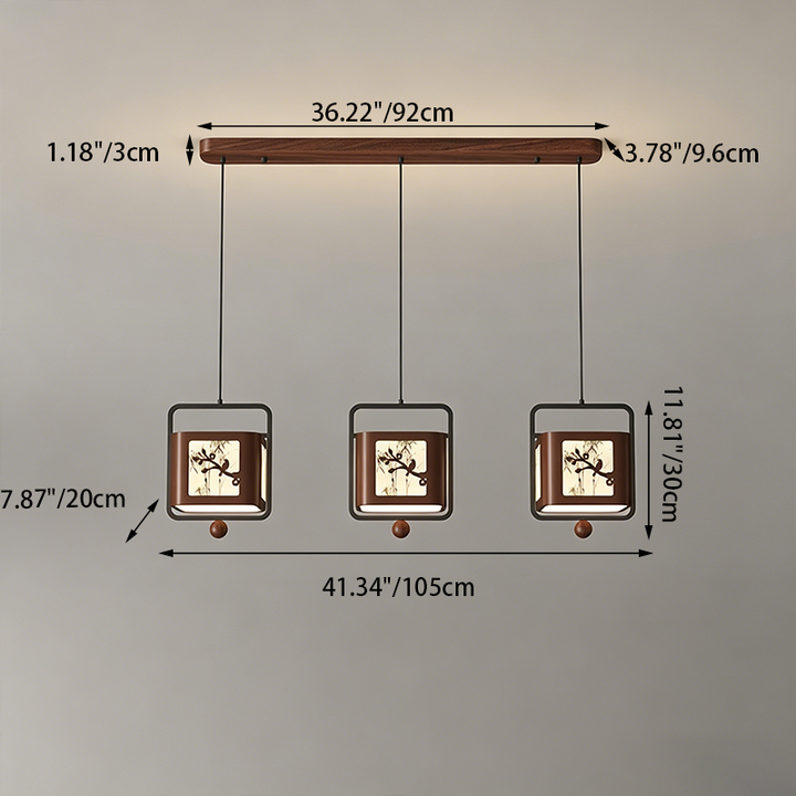 Traditional Chinese Iron Rubberwood Fabric Square LED Pendant Light For Living Room &amp; Dining Room