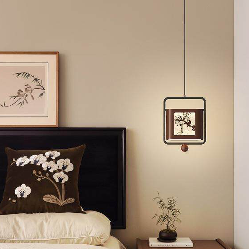 Traditional Chinese Iron Rubberwood Fabric Square LED Pendant Light For Living Room &amp; Dining Room