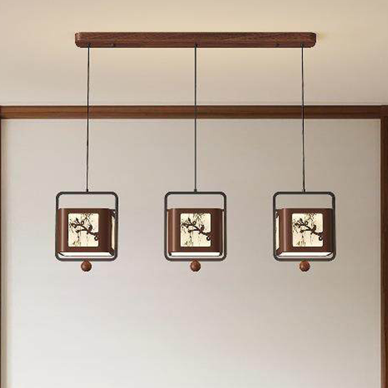 Traditional Chinese Iron Rubberwood Fabric Square LED Pendant Light For Living Room &amp; Dining Room